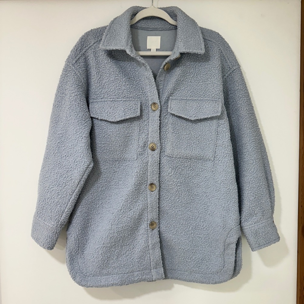 H&M Borg Fleece Shacket Women Size S Light Blue Oversized Button Up | Cozy Core